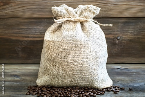 Roasted coffee beans spilling from a full burlap sack resting on a rustic wooden table evoke the rich aroma and flavor of freshly brewed coffee
