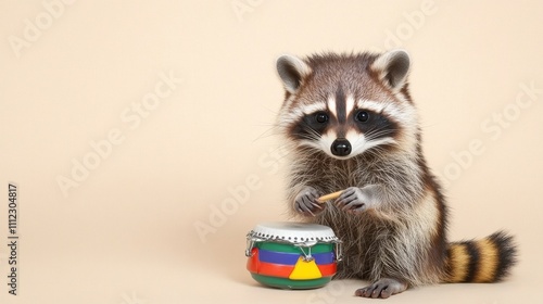 A playful raccoon sits next to a colorful drum, holding a stick, ready to create music in a light, neutral background. photo