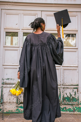 A you black woman wearing a graduation gown looking excited to be a graduand photo