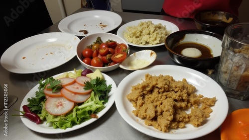 Messy and chaotic setup, dirty plates in the background, low camera quality, poorly arranged ingredients, no lighting setup, uninspiring and unappealing environment