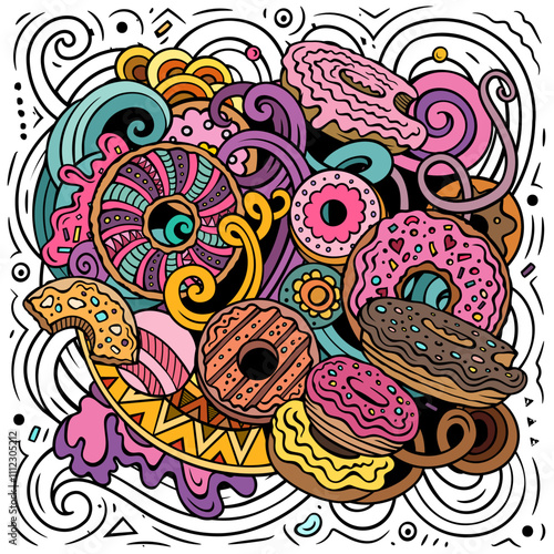 Donuts vector doodles illustration. Sweets poster design. Doughnut elements and objects cartoon background