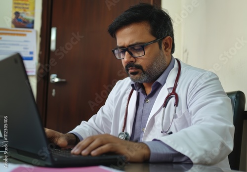 Focused male doctor wearing glasses using laptop in office, engaged in medical work, wearing white coat and stethoscope, healthcare professional at desk