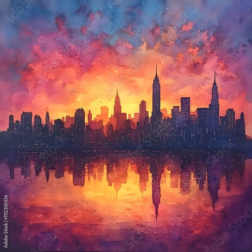 A painting of a city skyline with a sunset in the background