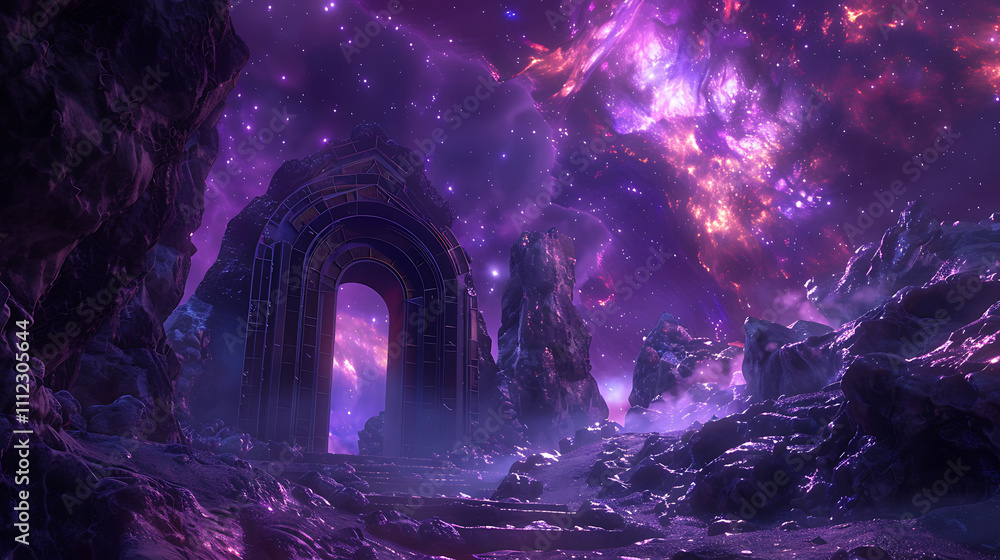Fototapeta premium Abandoned Space Station in a Colorful Nebula: A Surreal Cosmic Landscape with Vivid Colors and Mysterious Structures Against a Starry Background