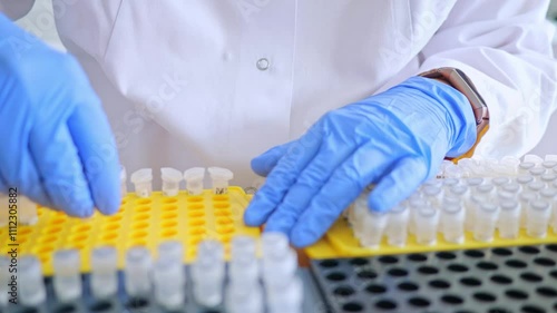 Laboratory scientist working at lab with micropipette, and 96 well plate . Laboratory concept, woman technician chemist works with test tubes . Medical diagnostics, research and genetic cancer science