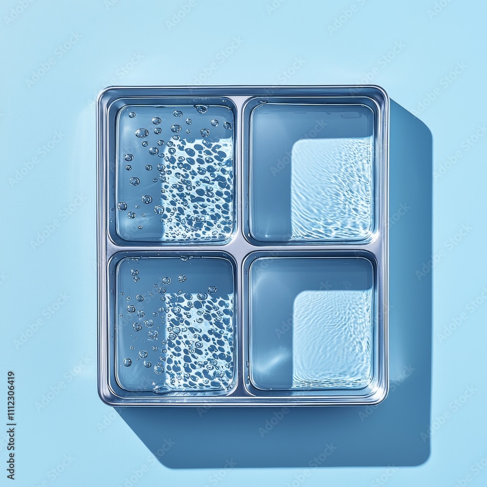 A stainless steel divided lunchbox features a blue background. A stainless steel divided lunchbox features a blue background.
