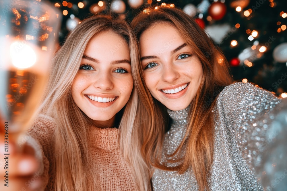 Joyful women celebrating with festive holiday lights Joyful women celebrating with festive holiday lights