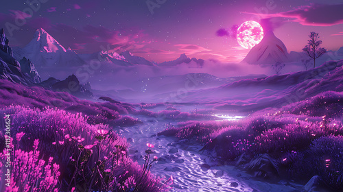 Surreal Alien Landscape with Glowing Purple Sands and Enchanting Mountains Under a Mystical Moonlight in a Desert Setting