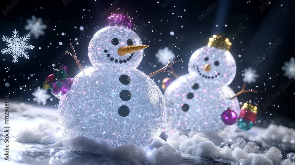 Obraz premium Glowing Snowmen Celebration: Festive 3D Render with Dynamic Snowflakes and Shimmering Effects on Dark Background, Festive Christmas Visual Art