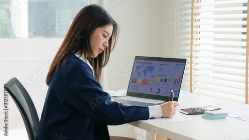 Asia woman expert people AI deep tech talent working on project predict sales insight SEO graph chart plan visual big data science report center BI smart tools screen. Office worker asian analyst job.