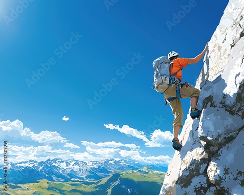 A man in an orange shirt is climbing a mountain with a backpack photo