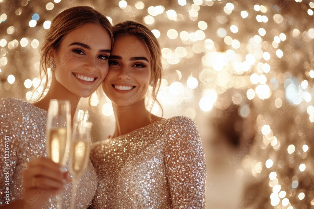 Two women in glamorous silver dresses enjoying a party.