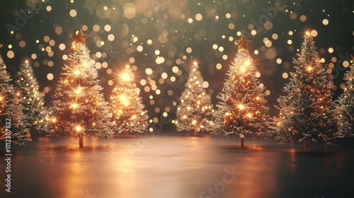 Glowing Radiant Christmas Trees in 3D Render - Festive Holiday Celebration Artwork on Isolated Dark Background with Cinematic Light Effects