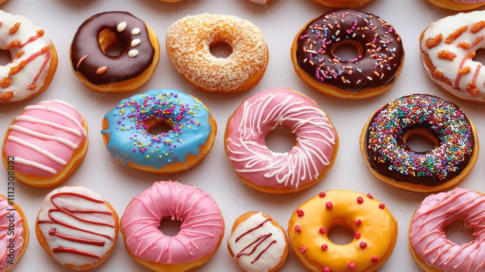 Fototapeta premium Assorted Donuts Arranged In A Colorful Pattern