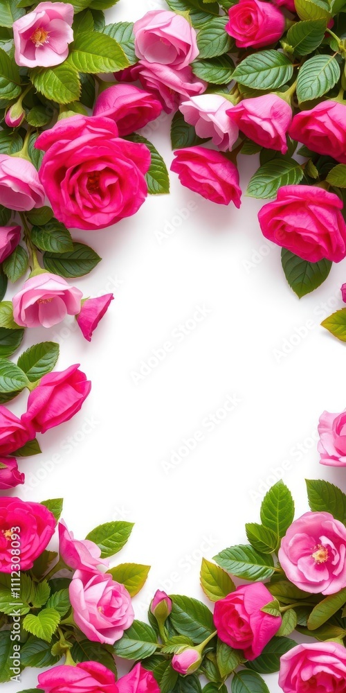 A beautiful frame made of fresh green leaves with vibrant pink rose flowers scattered around, beautiful, nature A beautiful frame made of fresh green leaves with vibrant pink rose flowers scattered around, beautiful, nature