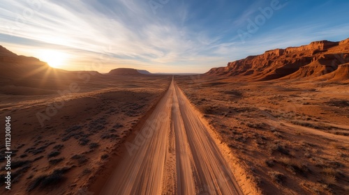 A striking straight road in the desert stretches endlessly into the distant horizon, accentuated by the stark contrast of red earth against a vast blue sky.