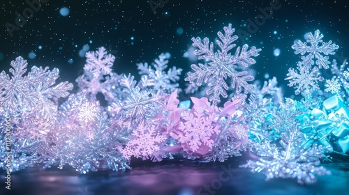 Enchanting Winter Wonderland: 3D Render Animated Festive Scene with Snowflakes and Vibrant Sparkles on Dark Background with Cinematic Light Effects