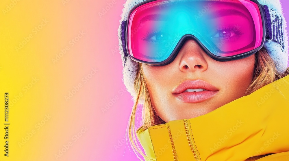 Vibrant woman in yellow jacket with pink goggles. Vibrant woman in yellow jacket with pink goggles.