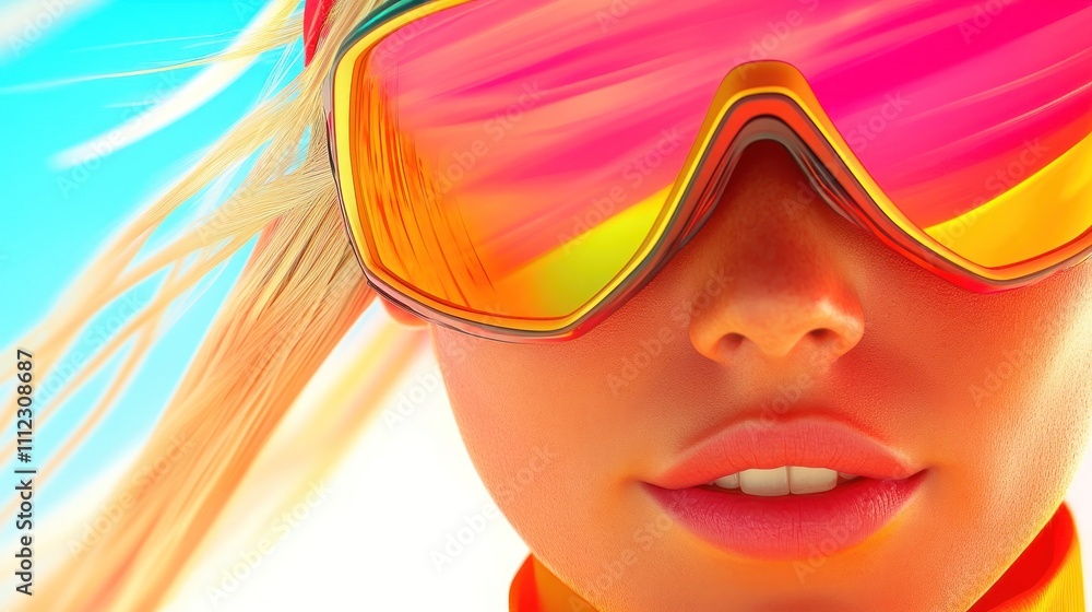 Closeup of woman in vibrant ski goggles and helmet Closeup of woman in vibrant ski goggles and helmet