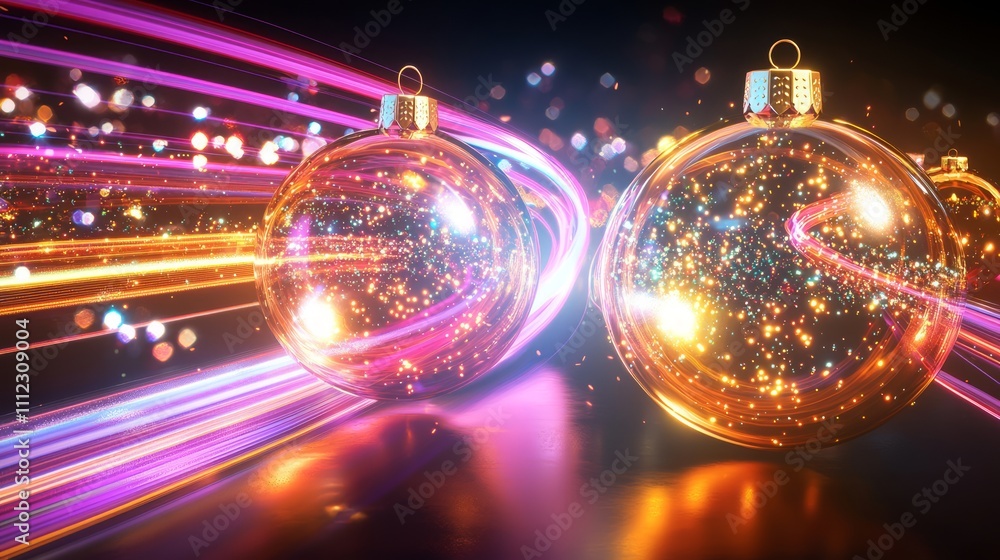 Glowing Radiant Holiday Ornaments with Dynamic Light Trails - Festive 3D Render on Isolated Background for Digital Art Compositions