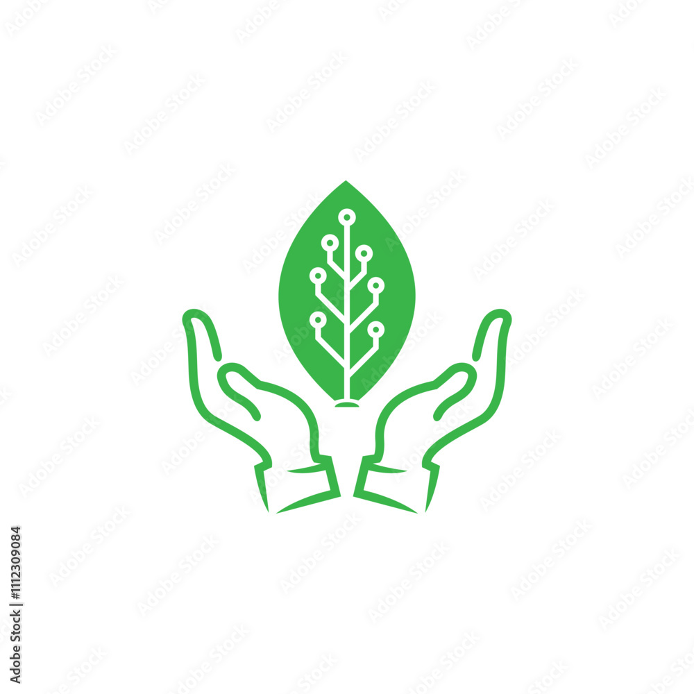 Leaf and Hand with electric circuit for agricultural technology logo design Leaf and Hand with electric circuit for agricultural technology logo design