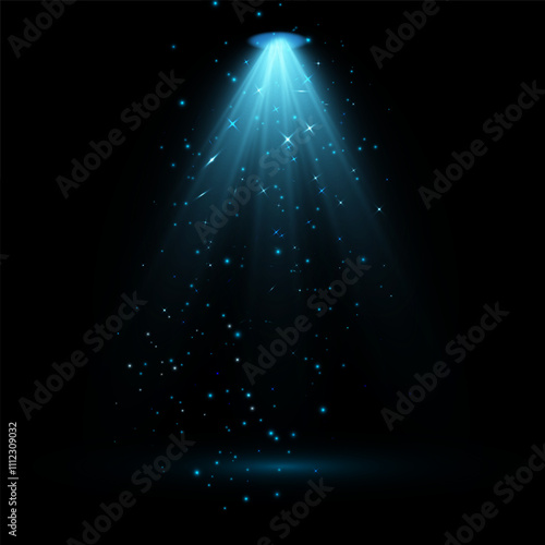Light blue effect reflections, neon illumination in blue colors. Bright light lens. Police light effects, lines. Shiny stars, glowing sparks on a black background. Vector red light effect