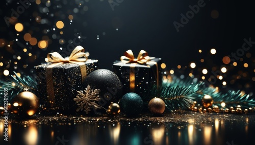 Zwei elegant verpackte Geschenke mit schwarzem Papier und goldenen Schleifen, umgeben von Tannenzweigen, goldenen Kugeln und funkelnden Lichtpunkten. Festliche Magie. Generative KI.