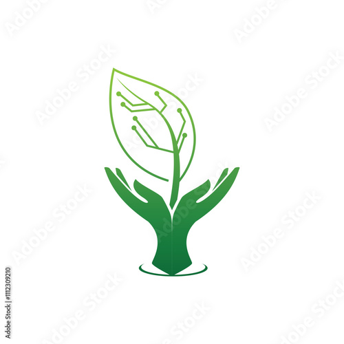 Leaf and Hand with electric circuit for agricultural technology logo design