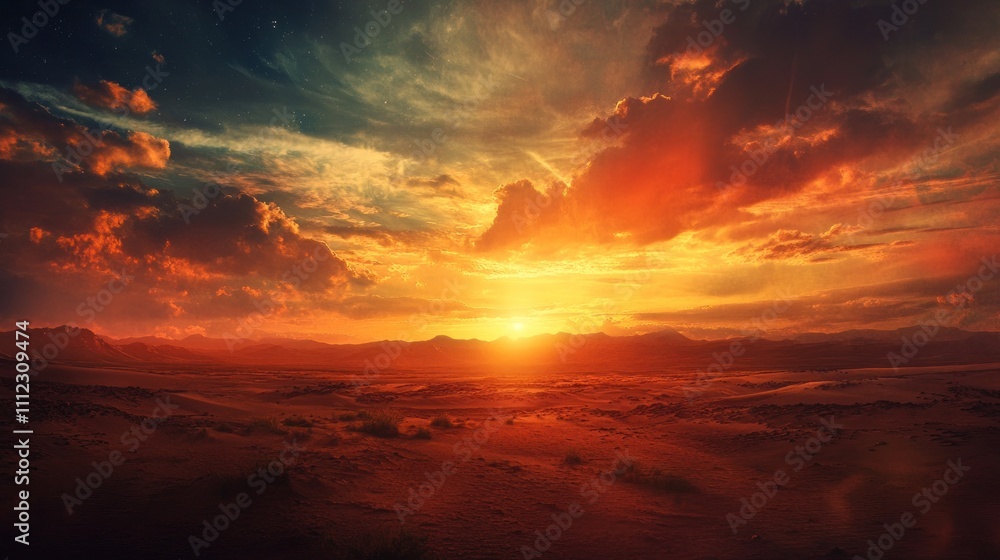 A sunset over a desert landscape, creating a sense of vastness and solitude. A sunset over a desert landscape, creating a sense of vastness and solitude.