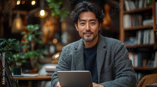 
Homem japonês com caderno trabalhando no escritório com janelas de vidro photo