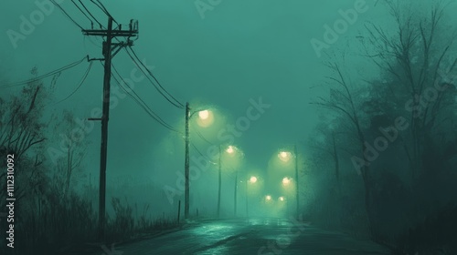 A quiet, foggy night scene with streetlights lining a deserted road, their light casting a soft, calming blue-green hue