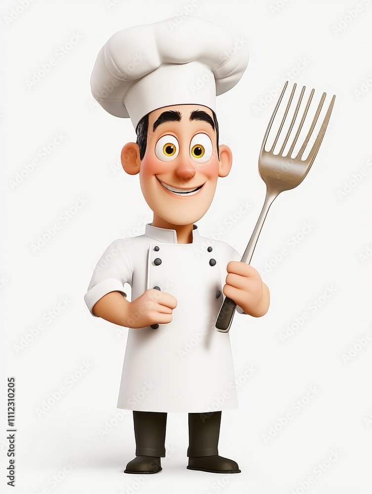 Digital art whimsical chef holding fork in fun kitchen setting Digital art whimsical chef holding fork in fun kitchen setting