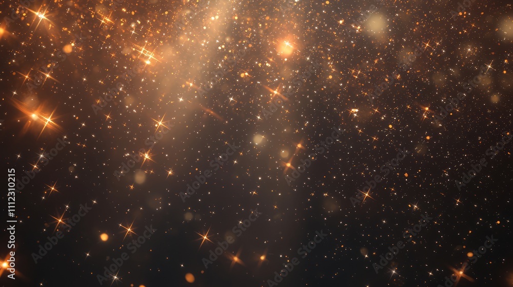 Naklejka premium Radiant Holiday Stars - Celestial Christmas 3D Render with Dynamic Light Bursts and Soft Bokeh Effects on Isolated Dark Background