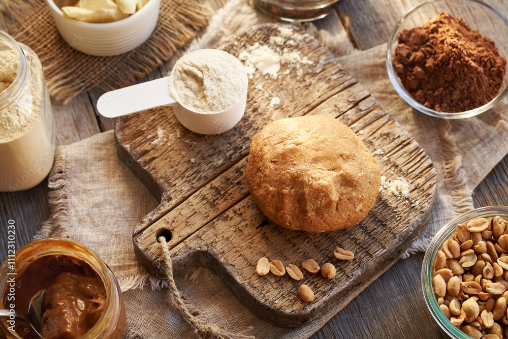Dough made of whey protein powder, maple syrup and peanut butter - preparation of homemade protein chocolate bars Dough made of whey protein powder, maple syrup and peanut butter - preparation of homemade protein chocolate bars