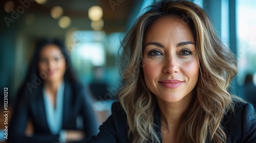 A confident woman sits in an office environment with a coworker in the background, conveying an atmosphere of professionalism and focused work engagement.