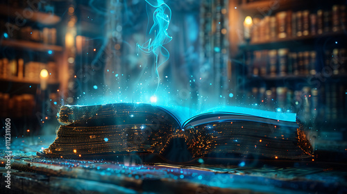 Enchanted Ancient Library with Glowing Books Surrounded by Mystical Aura and Intriguing Light Effects Ideal for Fantasy Illustrations