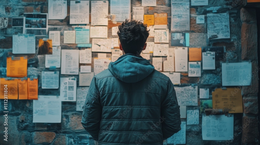 Man Reviews Documents Pinned To A Wall