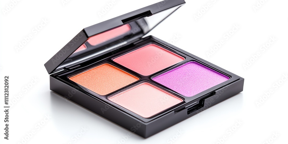 A vibrant makeup palette with four colorful blush shades in a sleek black compact, perfect for enhancing beauty. A vibrant makeup palette with four colorful blush shades in a sleek black compact, perfect for enhancing beauty.