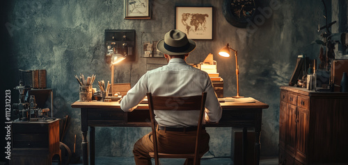 Vintage Writer at Work in Classic Office Setting photo