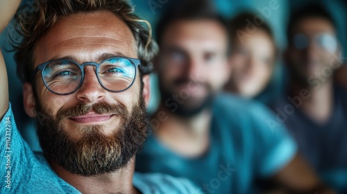 A smiling bearded man with glasses captures the focus as he leans into the shot, surrounded by blurred figures, conveying friendship and contentment indoors.