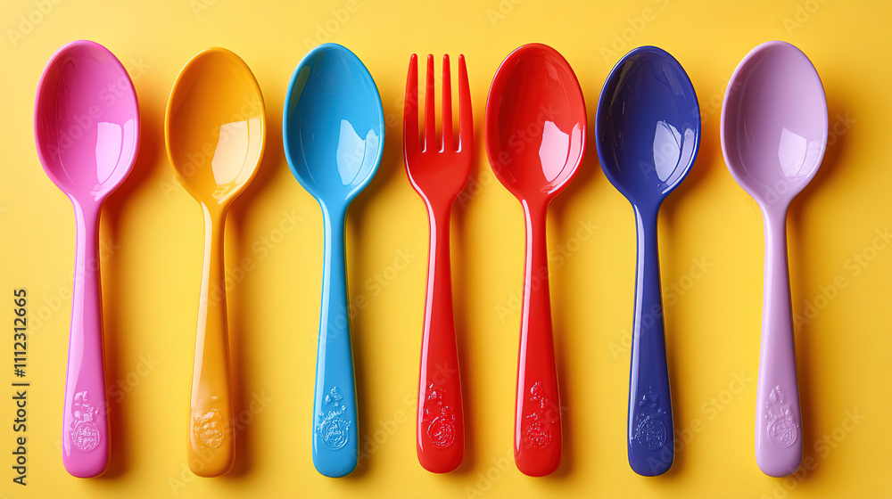 Colorful plastic cutlery arranged on a vibrant yellow background for a cheerful dining experience. Generative AI Colorful plastic cutlery arranged on a vibrant yellow background for a cheerful dining experience. Generative AI