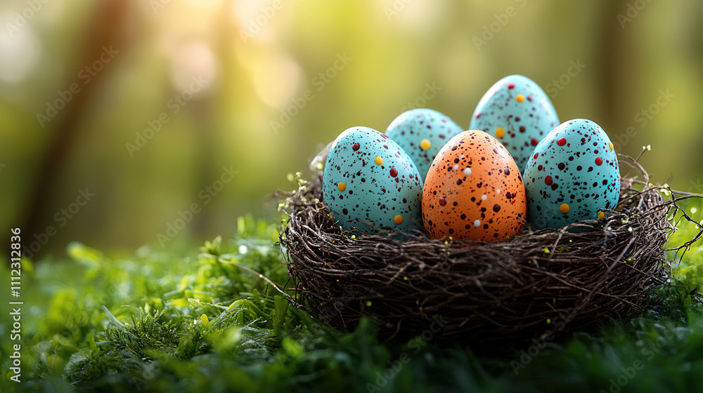 Colorful speckled eggs nestled in a natural nest surrounded by greenery in early springtime. Generative AI Colorful speckled eggs nestled in a natural nest surrounded by greenery in early springtime. Generative AI