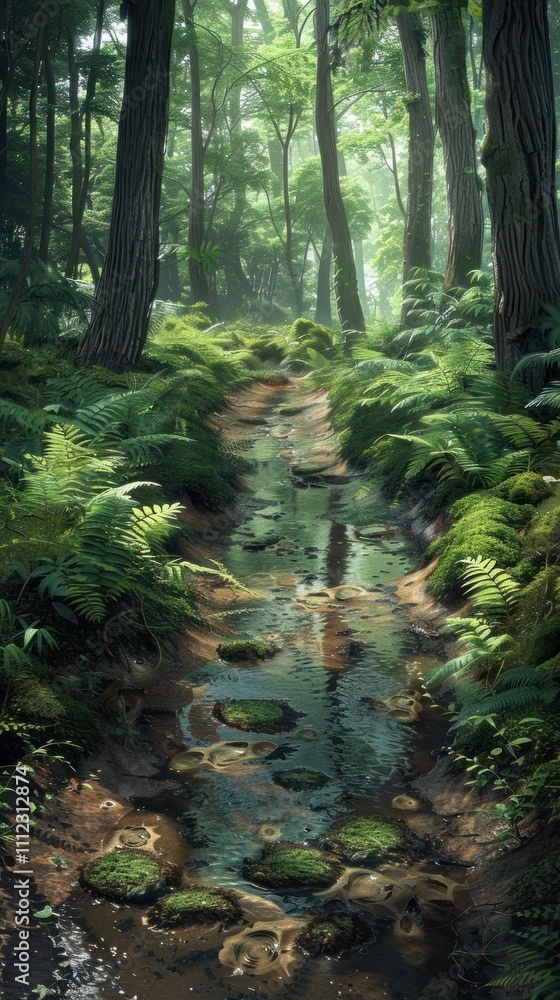 Fototapeta premium Enchanting forest path winding through a verdant fern filled landscape with a trickling stream crossing over moss covered rocks surrounded by towering trees and a lush verdant canopy above