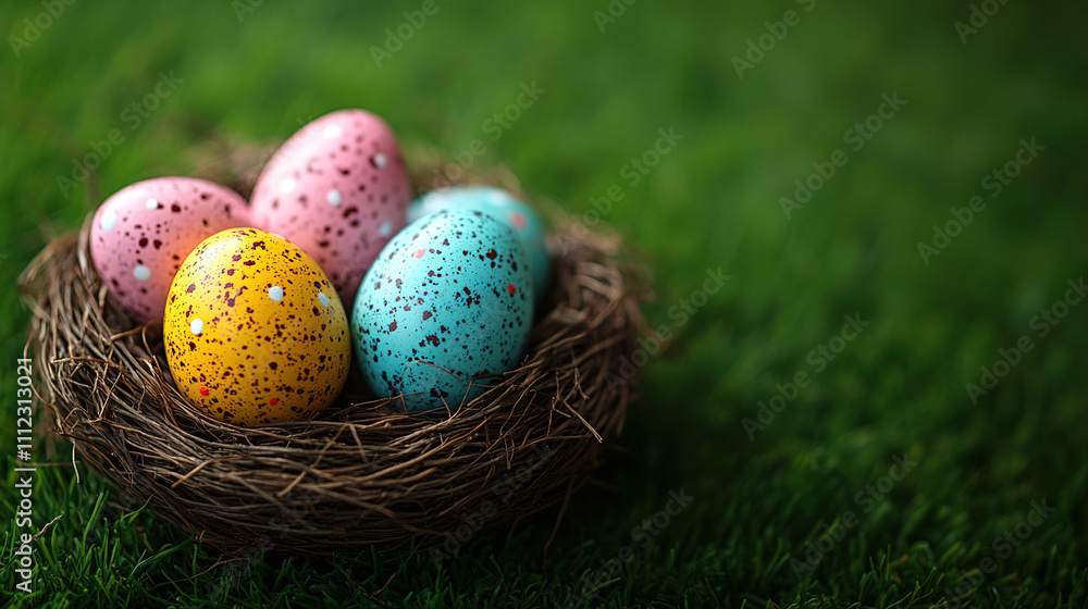 Colorful speckled eggs resting in a nest on lush green grass during springtime celebration. Generative AI Colorful speckled eggs resting in a nest on lush green grass during springtime celebration. Generative AI