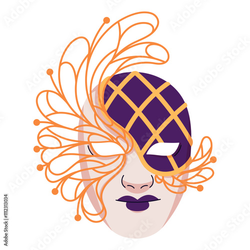 Venetian Volto mask with golden elements. Carnival facial disguise accessory for Mardi Gras celebration. Theater masque for hiding face in masquerade. Flat isolated vector illustration on white