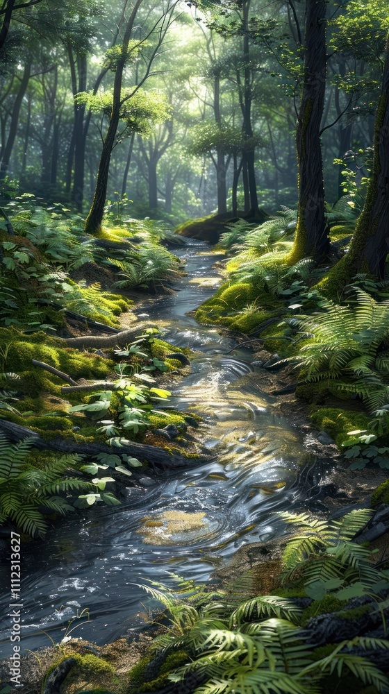Fototapeta premium Lush verdant forest landscape with a meandering stream flowing through surrounded by mossy rocks ferns and a dazzling array of flourishing foliage and flora A peaceful