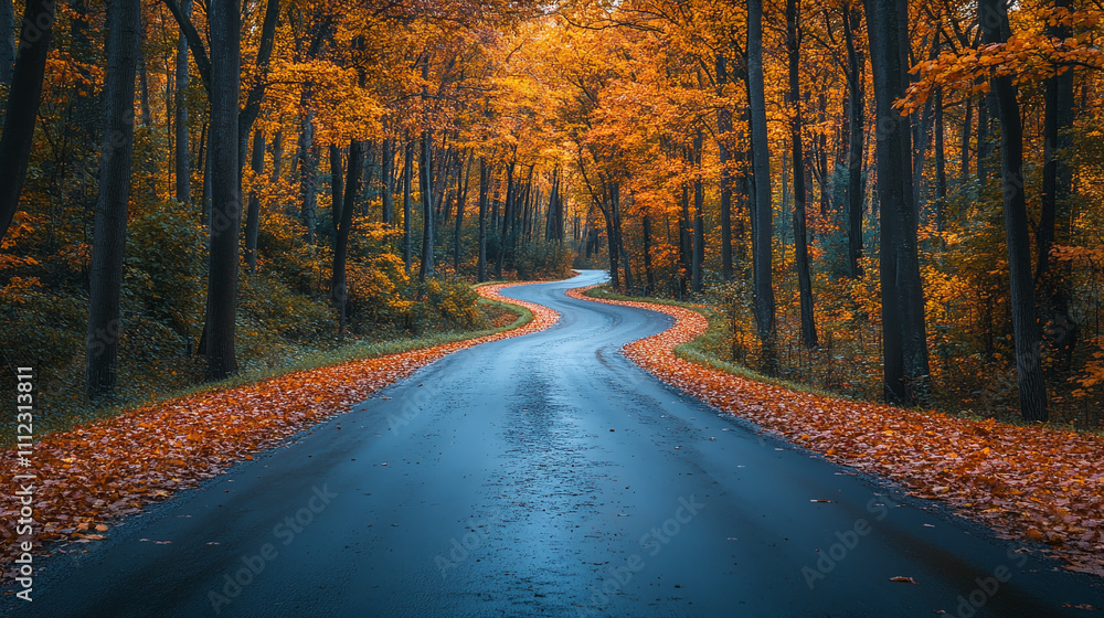 Fototapeta premium road winds through a forest in autumn. The trees have golden and red leaves. Soft light shines through