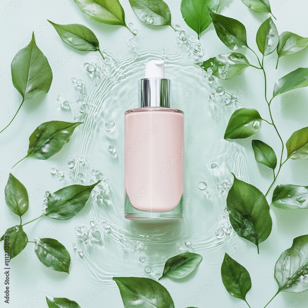 Pink cosmetic bottle surrounded by green leaves and water ripples promoting natural skincare Pink cosmetic bottle surrounded by green leaves and water ripples promoting natural skincare
