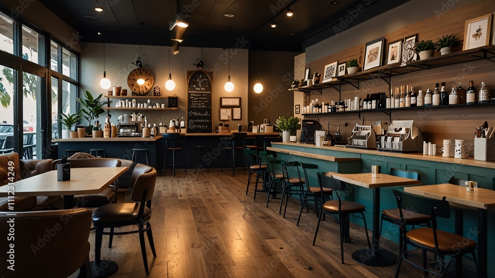 Modern Cafe Interior Design Stylish Bar Wooden Tables Chairs Modern Cafe Interior Design Stylish Bar Wooden Tables Chairs