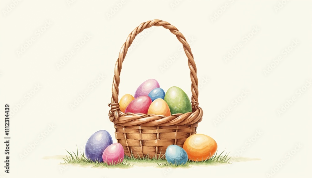 Watercolor Easter Basket with Pastel Eggs on Spring Grass Watercolor Easter Basket with Pastel Eggs on Spring Grass